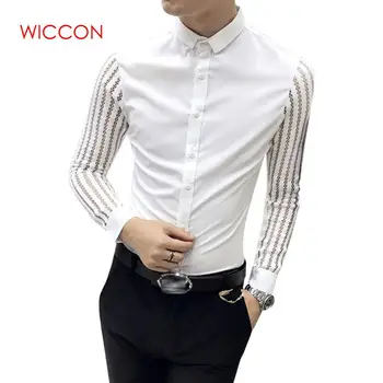 

New Fashion Korean Shirt Men Fashion Hollow Lace Patchwork Long Sleeve Shirt 2018 Autumn Slim Fit Night Club Casual Shirts Mens