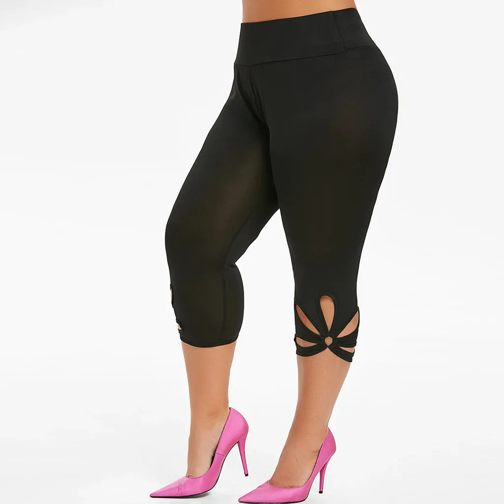 Pantalones capri de cintura alta para mujer, Leggings de vendaje elástico de talla grande, calados sólidos, Jeggings de Fitness informales de verano