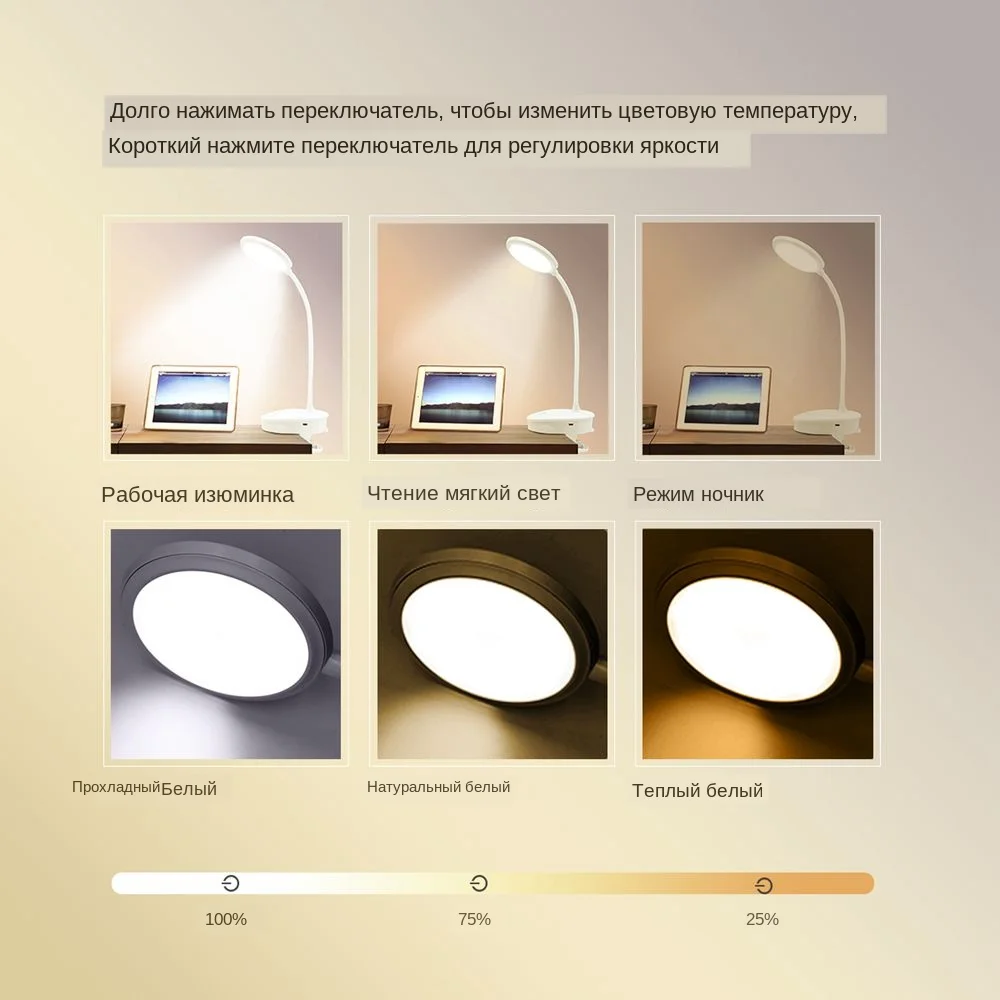 USB перезаряжаемая Светодиодная настольная лампа Гибкая изогнутая сенсорная Затемняющая Настольная лампа с зажимом для книжной кровати и компьютера 3 цветовых режима