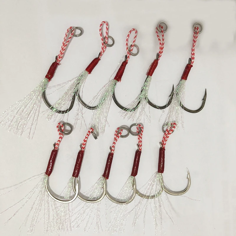 100pcs/Lot Assist Hook Fishing Lure Slow Jigging Fish Cast Jigs Barbed Single Jig Hooks Thread Feather Pesca Carbon Steel Peche 5