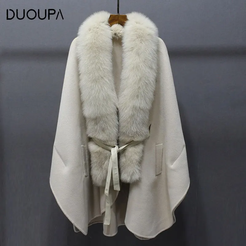 

DUOUPA 2019 New Fashion Double-sided Jacket Female Large Shawl to Increase Fox Fur Collar Cloak Temperament Slim Jacket Female