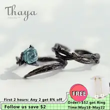 Thaya Rose Thorns s925 anillos de plata azul cristal Rosa flor Vintage planta regalo de San Valentín para mujeres Nudo negro joyería fina