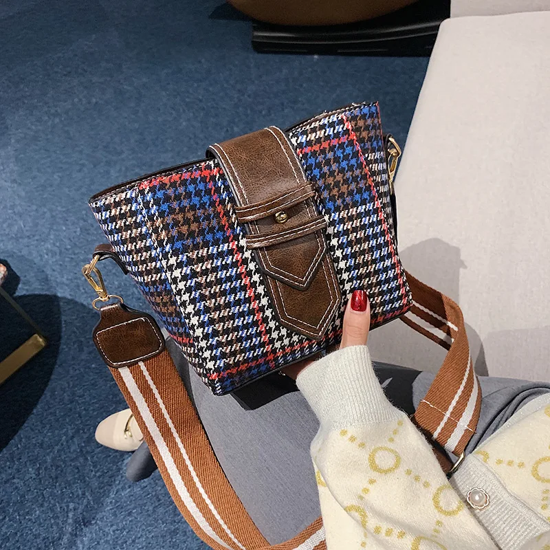 

2019 Autumn And Winter New Style Woolen Fabric Bucket Bag Korean-style Trend Wide-Strap WOMEN'S Bag Bags