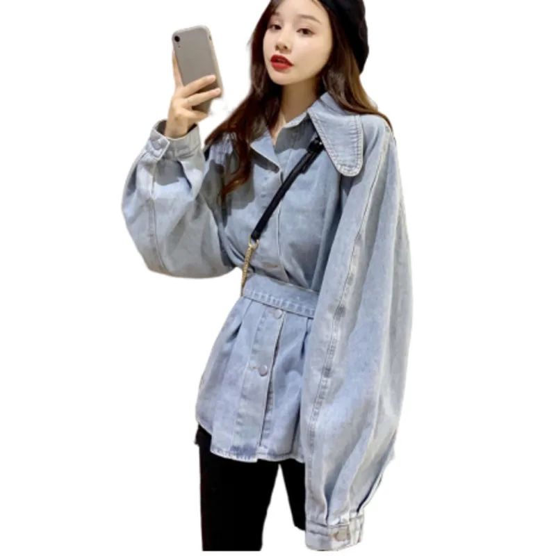 

Denim Jacket Women Belt Harajuku Befree Chaqueta Mujer Bts Riverdale Streetwear Autumn Vintage Fashionable Collar Loose Coat
