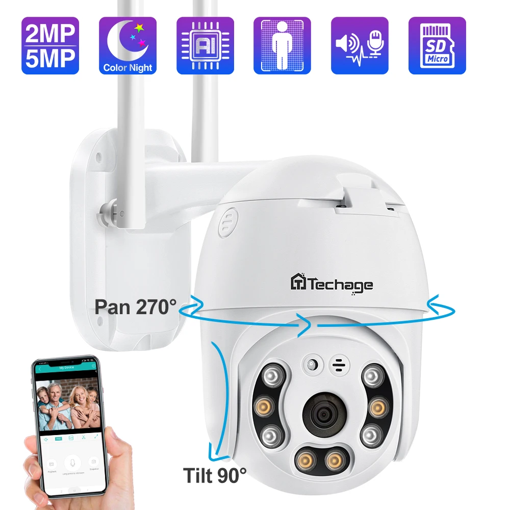 Photo Product Techage 1080P 5MP Wifi IP Camera Wireless Security Camera Outdoor Speed Dome PTZ Camera Two-way Audio TF Card AI Human Detection