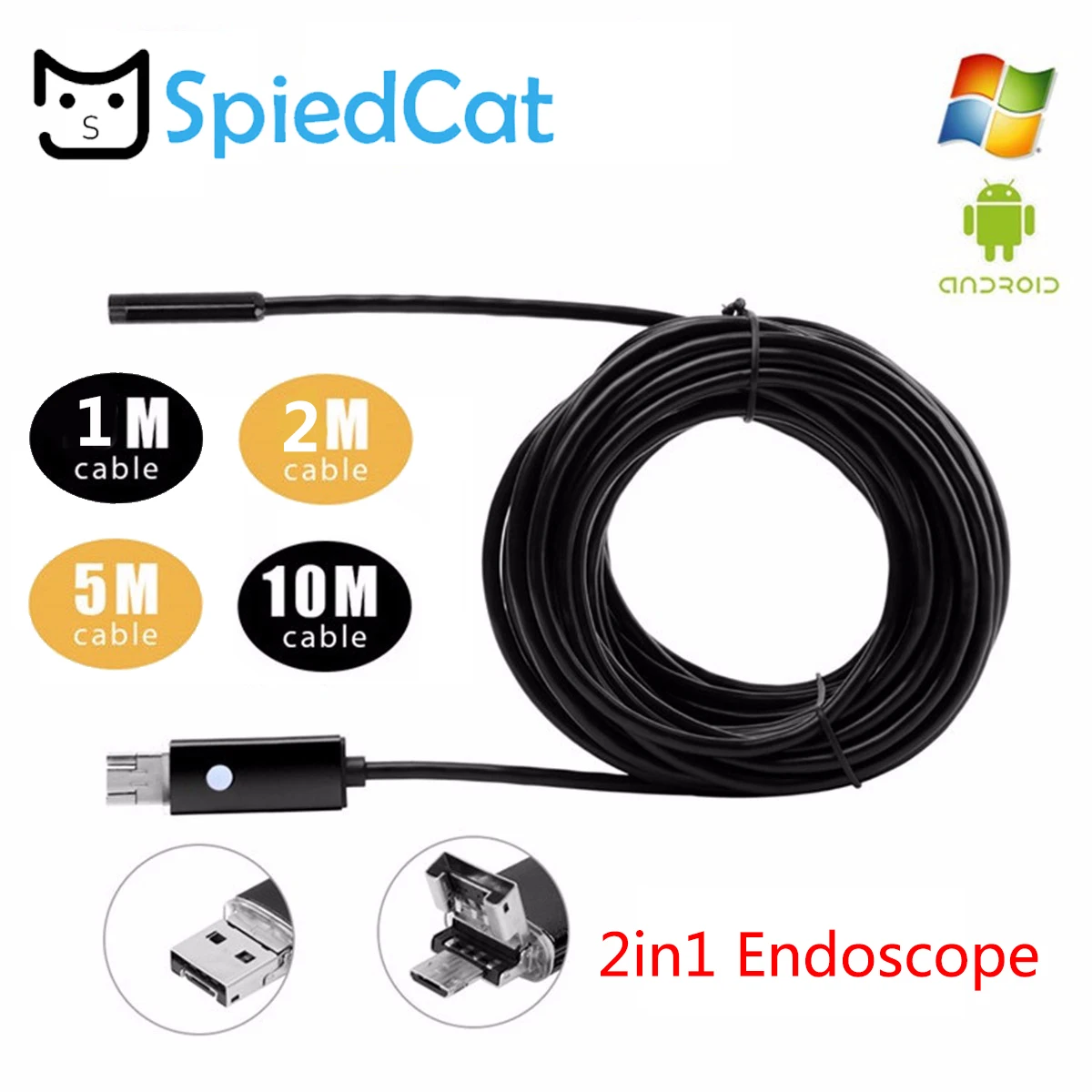 7mm 6 LED Lens 2in1 Micro USB Endoscope 1M/2M/5M/10M soft Cable Waterproof Android/PC Inspection Borescope Tube Camera | Электроника