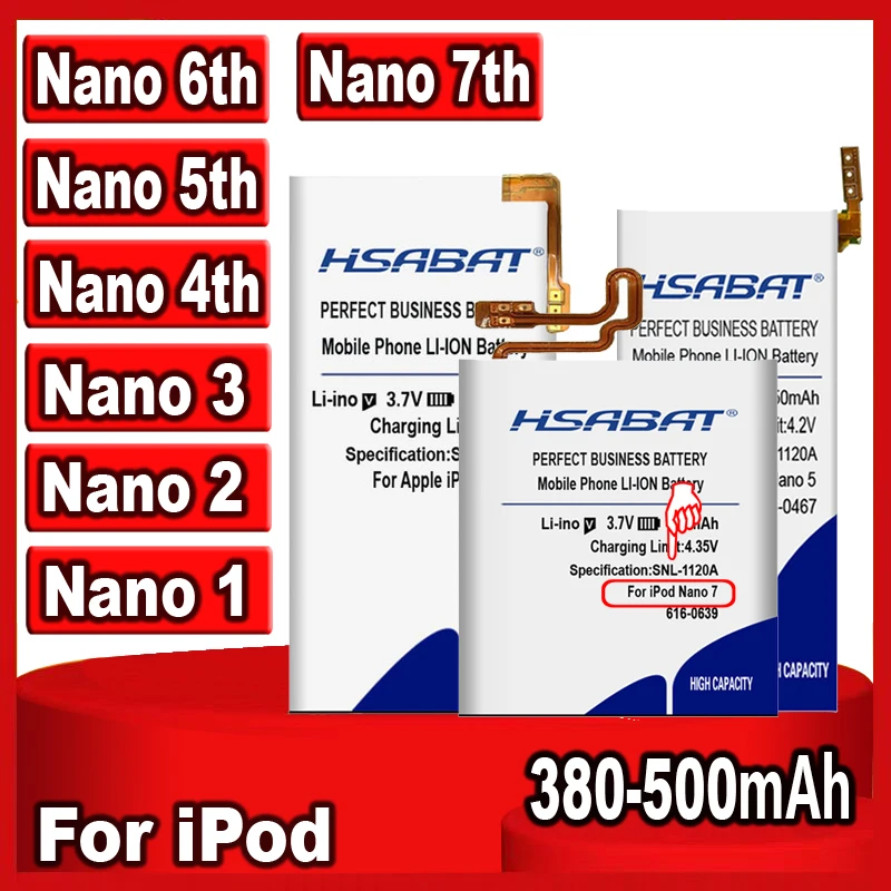Аккумулятор HSABAT 380 мАч-500 мАч для iPod Nano 1 2 3 4 5 6 7 4-й 5-6-й 7-й 1-й 2-го поколения 3-го |