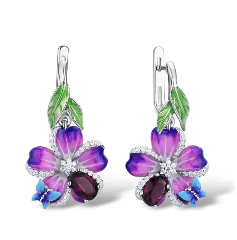 

Hainon New Fashion Lovely Silver Color Stud Earrings Purple Flower Shape Red AAA Zircon Earring For Women Jewelry Gifts
