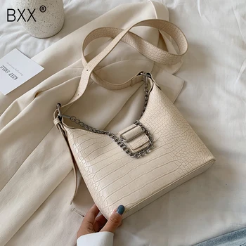 

[BXX] Crocodile Pattern PU Leather Shoulder Bucket Bags For Women 2020 Simple Female Travel Handbags Lady Hand Bag Purses HM274