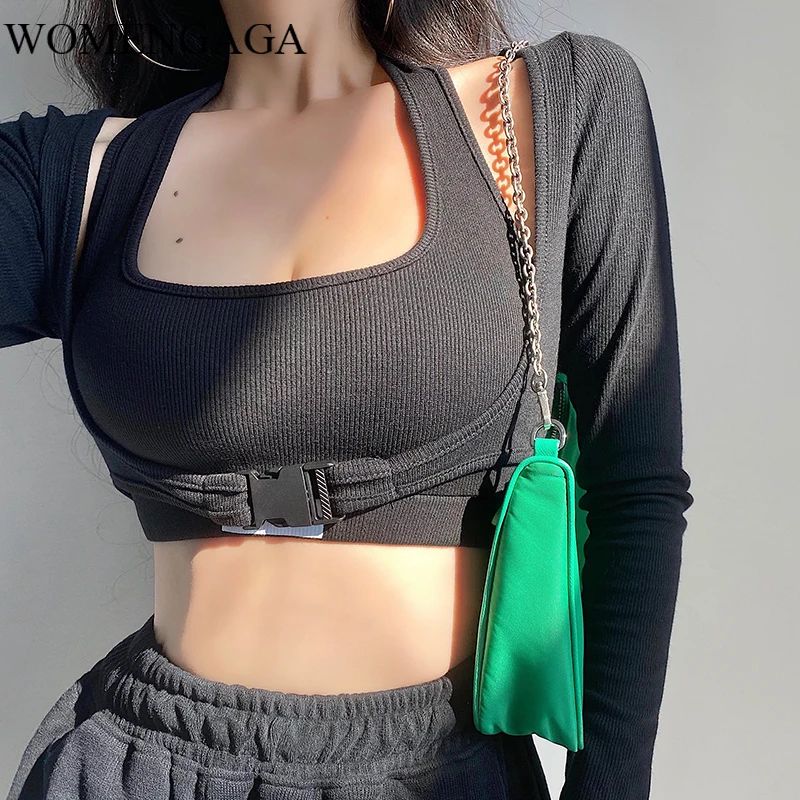 WOMENGAGA Autumn Sexy Letter Print Short Umbilical Tops Tank Full Sleeve Vest Two-piece Womens Cotton Q9ES | Женская одежда