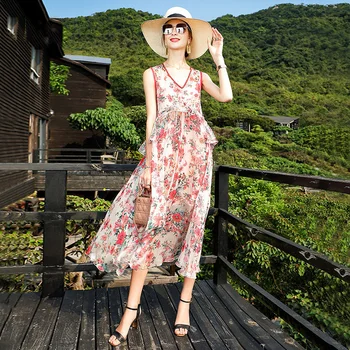 

New Summer Silk Print V-Neck Sleeveless Dress Female Beach Style Fashion Mid-Length Loose Vacation A-line Dress S—XL