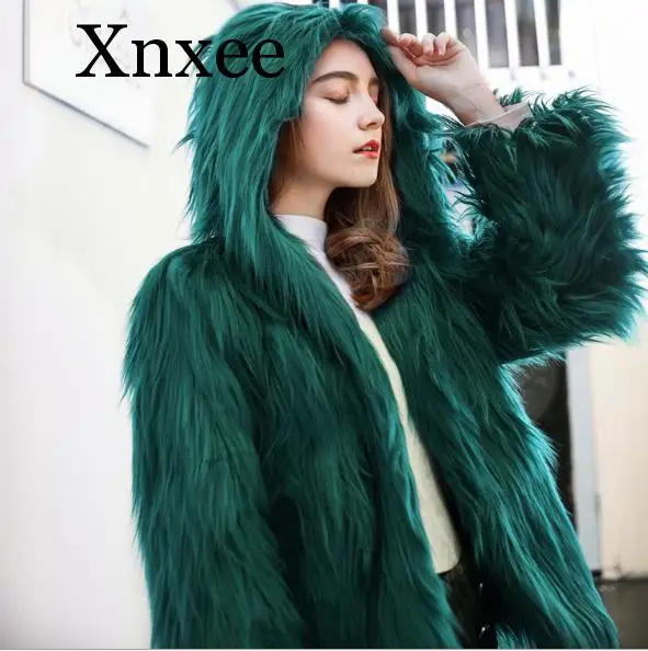 Зеленая фиолетовая винно-серая искусственная Меховая куртка с капюшоном верхняя