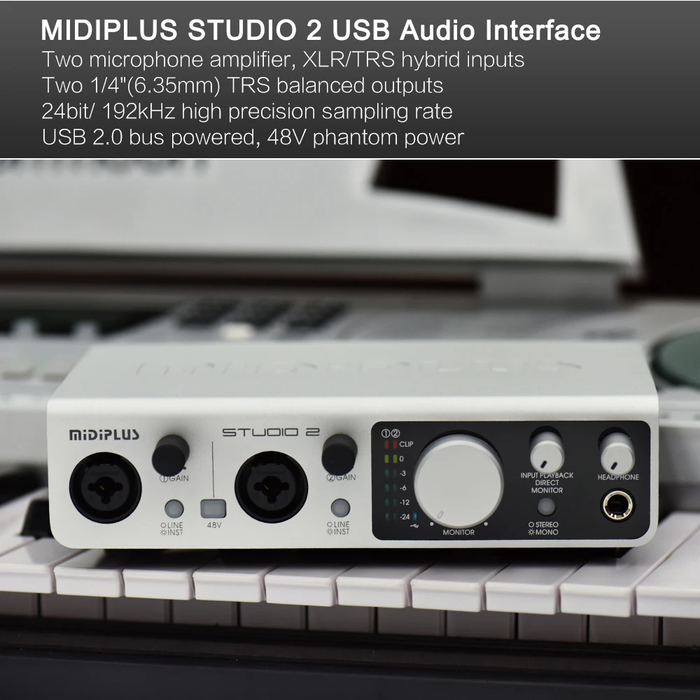 MIDIPLUS STUDIO 2 USB аудио интерфейс звуковая карта 2 входа 2 выхода 24 бит/192 кГц выборка 48 В фантомное питание с usb-кабелем