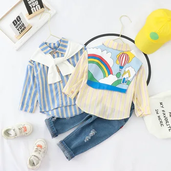 

2020 Autumn Children's casual suit Boy's striped shirt sailor collar long sleeve two-piece set