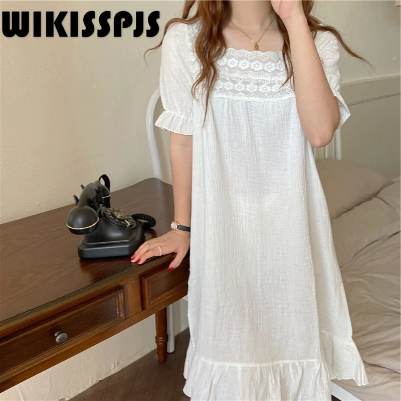 

WIKISSPJS Summer New Sweet Lace Collar Home Skirt Square Necked Home Dress Princess Dress Night Dress Women Sleepwear