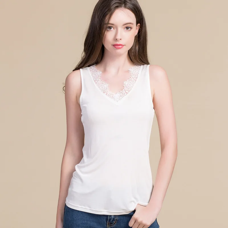 Вязаный Шелковый жилет женская шелковая футболка из шелковицы Сексуальное Тонкое кружевное нижнее белье шелковая майка тутового шелка 8026 - Цвет: White