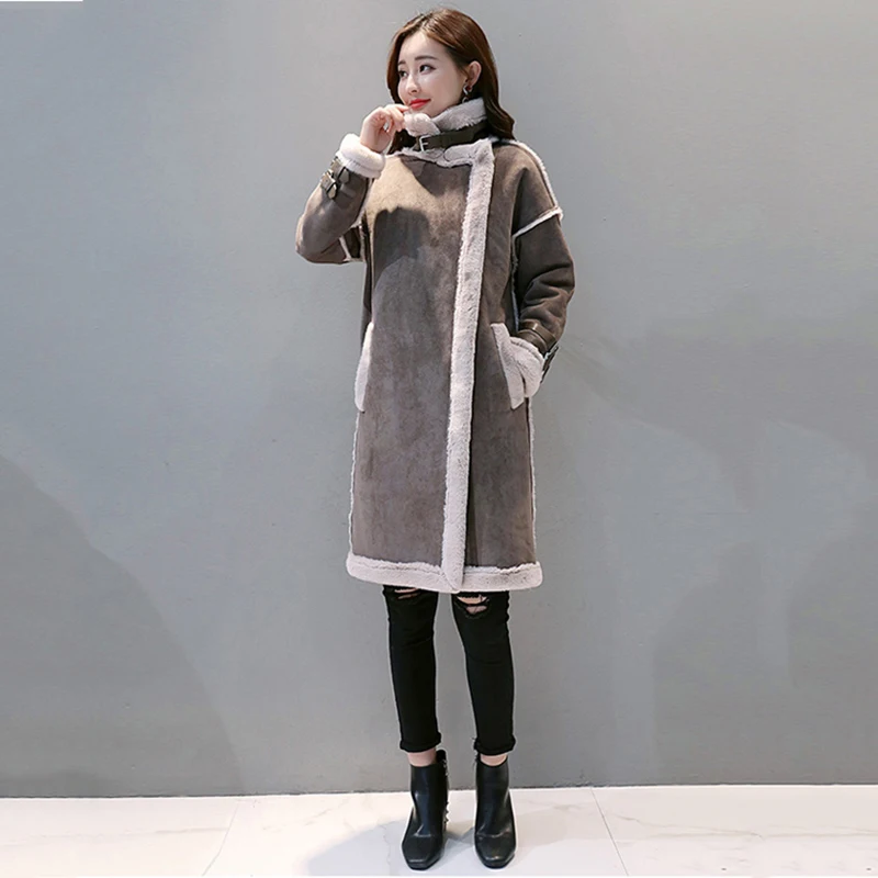 Женское замшевое пальто с мехом, плотное теплое пальто из искусственной овчины, длинное повседневное женское пальто, зимнее модное однотонное пальто, верхняя одежда