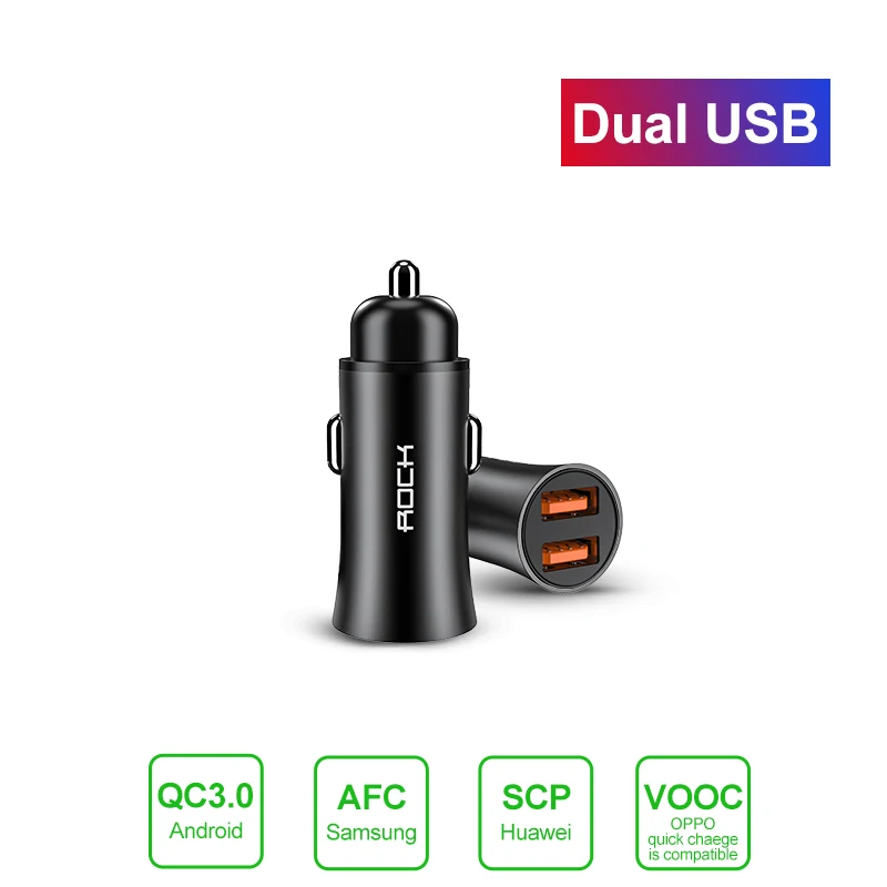 ROCK 32 Вт Металл Quick Charge 4,0 3,0 Автомобильное зарядное устройство двойной USB для Samsung Huawei Supercharge Quick Charge SCP 5A адаптер Автомобильное зарядное устройство - Тип штекера: Black Dual USB