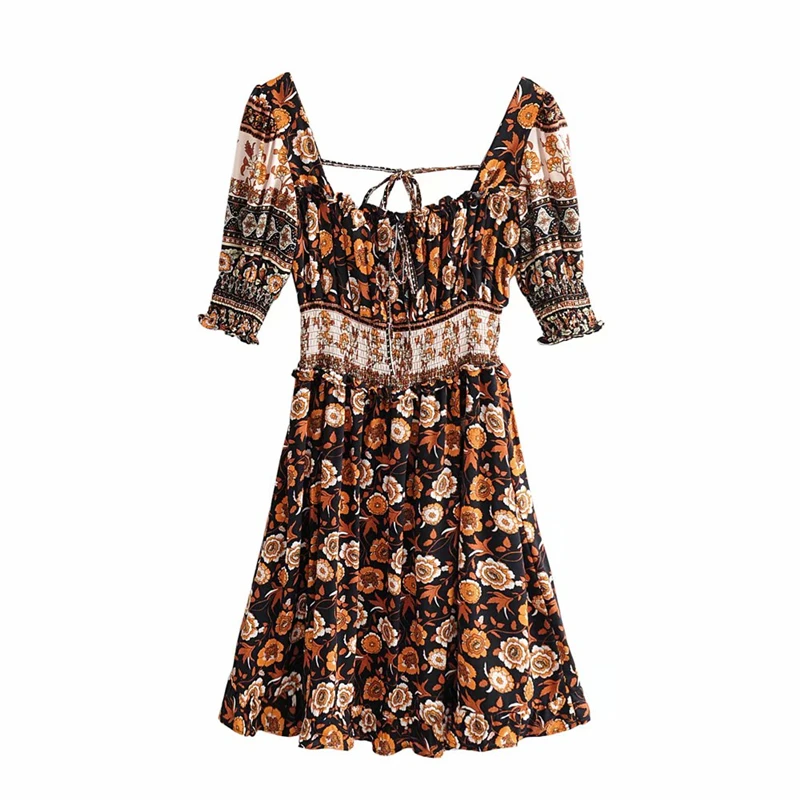 as picture Vintage chic women half sleeve backless floral print beach Bohemian mini dress Ladies rayon cotton Boho dress vestidos - Цвет: as picture