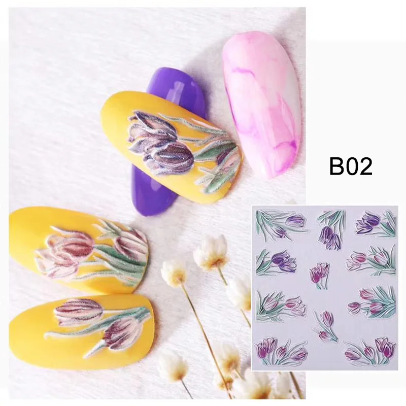 Цветок наклейки для ногтей 1 лист Цветы самоклеющиеся наклейки для нейл-арта наклейки акриловые рельефные 3D Маникюр-наклейки для ногтей украшения - Цвет: B02