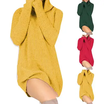 

Chic Women Turtle Neck Long Sleeve Solid Color Loose Knitted Sweater Mini Dress Ladies sexy solid color dress