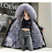 

2021 New Winter Women's Leather Coat Long Detachable Rabbit Fur Lining Hooded Parka Big Fox Fur Collar Warm Fur Coat Jacket