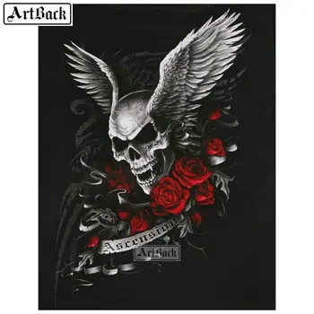 

Needlework 5d diamond painting skull wings flowers cross stitch full square / round death icon diamond mosaic canvas art