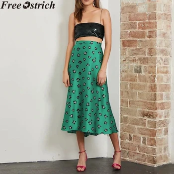 

Ladies plus size party skirt women long A-line flower print loose green casual fashion Female skirt breathable High waist skirt
