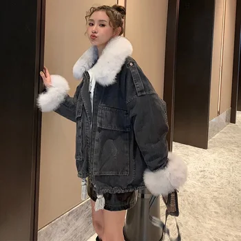 

Fox Fur Collar Cuff Women's Jacket Down Coat 2020 Female Luxurious Coats Duck Outerwear Autumn Lady Warm Coat Loose Streetwear