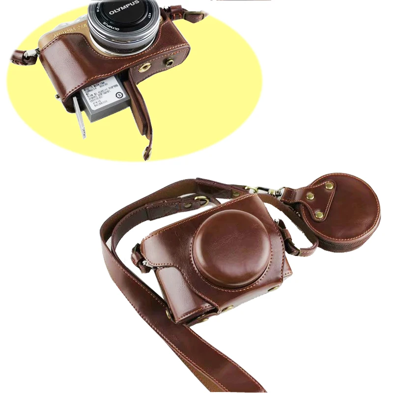 Couro do Plutônio de Luxo Case da Câmera de Vídeo Bolsa para Olympus Aberta + Cinta + Mini Novo Câmera Pele Bateria Bolsa Epl9 Epl10 14-42mm