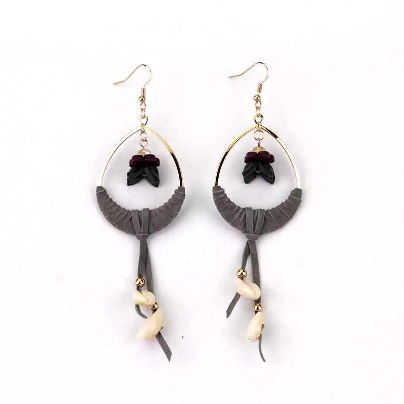 

Genuine Leather Petal Cowry Drop Earring Suede Leather Wrapped Metal Teardrop Long Earrings for Women Charm Jewelry