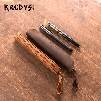 

Cowhide Original Handmade Vintage Unisex Pen Pencil Pouch Cases Quality Men's Cosmetic Coin Pen Bag Coin Pouch Zipper Bag Purse