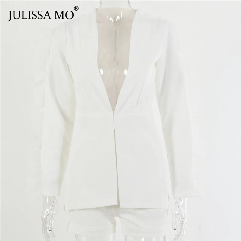 Белый Julissa mo белый офисные женские комплекты из двух предметов для женщин сексуальный V образным вырезом оборками Блейзер топ и шорты костюмы элегантные осенние зимние наряды - Цвет: Белый