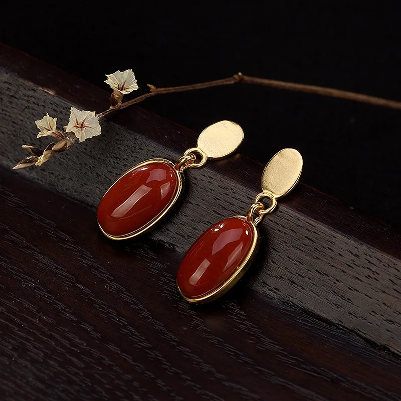 

deer silver S925 pure silver South Red Agate gold-plated earrings earrings RETRO art simple design earrings for women