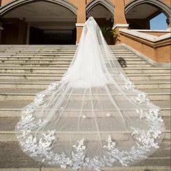 Bridal Veils Real Po 4 Meters One Layer Wedding Veil With Comb White Lace Edge Ivory Appliqued Cathedral