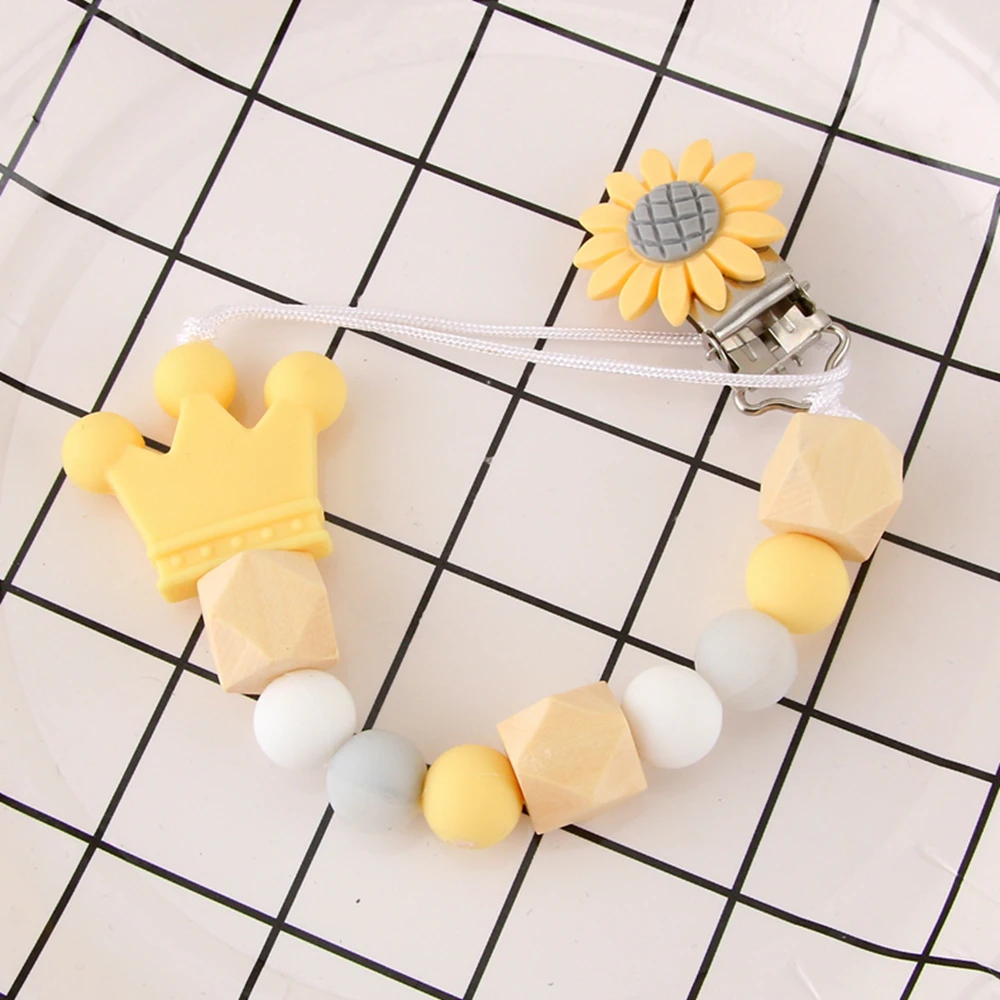 Детская Соска-пустышка с цепочкой в виде подсолнуха с силиконовыми бусинами для прорезывания зубов, жевательные игрушки, детские зажимы для пустышки