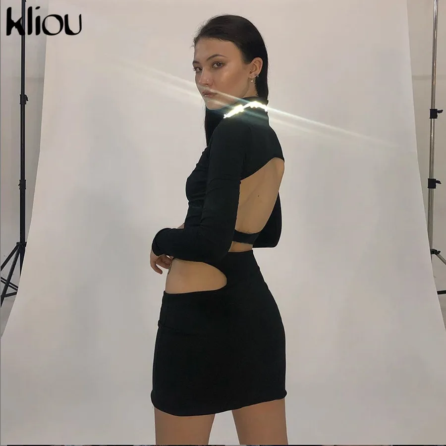 Kliou women black turtleneck reflective print t-shirt sexy backless hollow out crop top new female long sleeve top tshirt