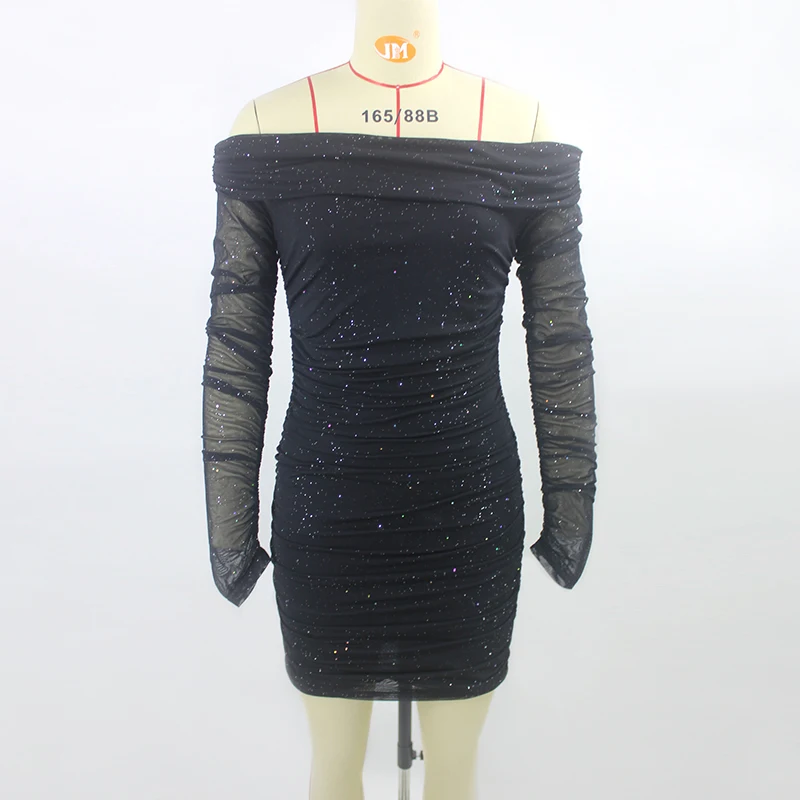 Облегающее мини платье с открытыми плечами и блестками для женщин Клубные
