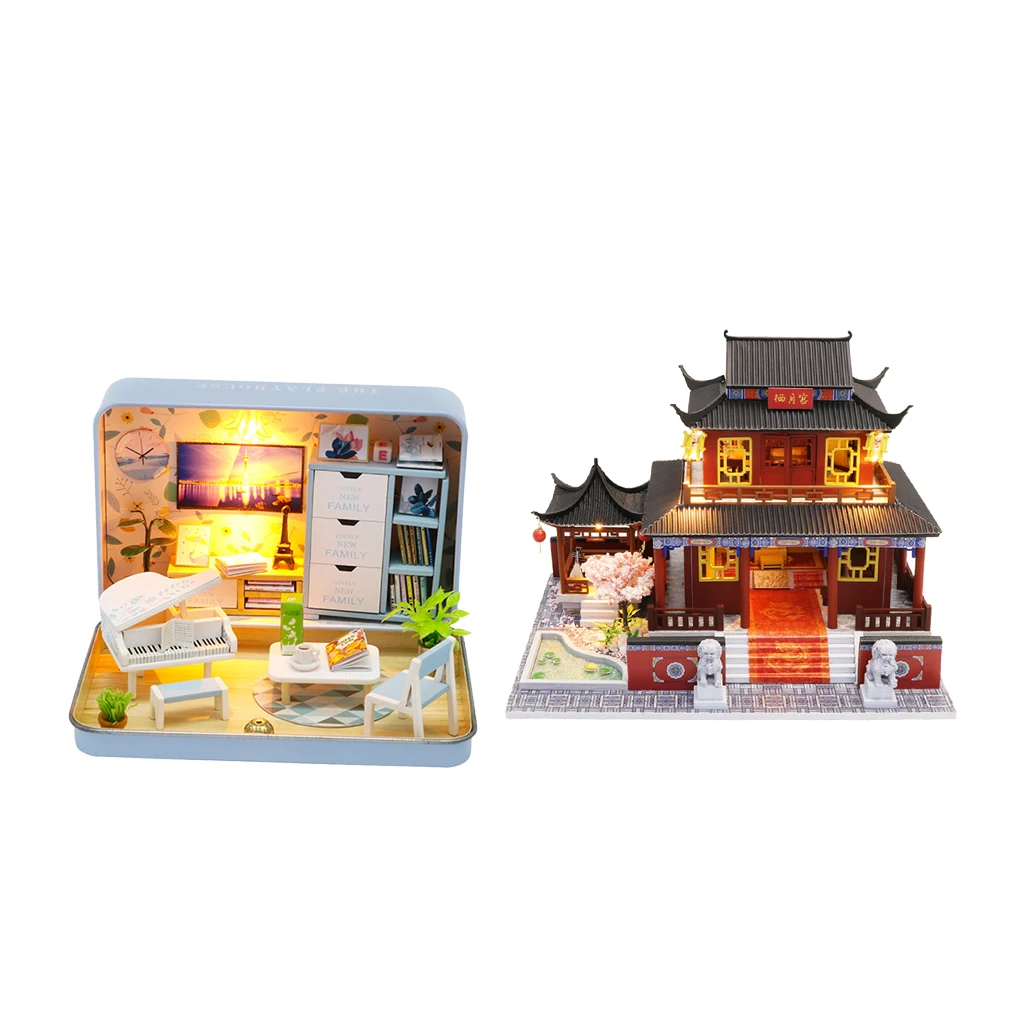 

2 Pieces DIY Miniature Doll House With Furniture Accessory Chinese Palace & Modern Music Room with LED