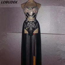 Сексуальная Женская одежда для певицы, концертного тура, танцевальный наряд, стразы, боди, черная сетка, со шлейфом, комплект из 2 предметов, костюм для ночного клуба