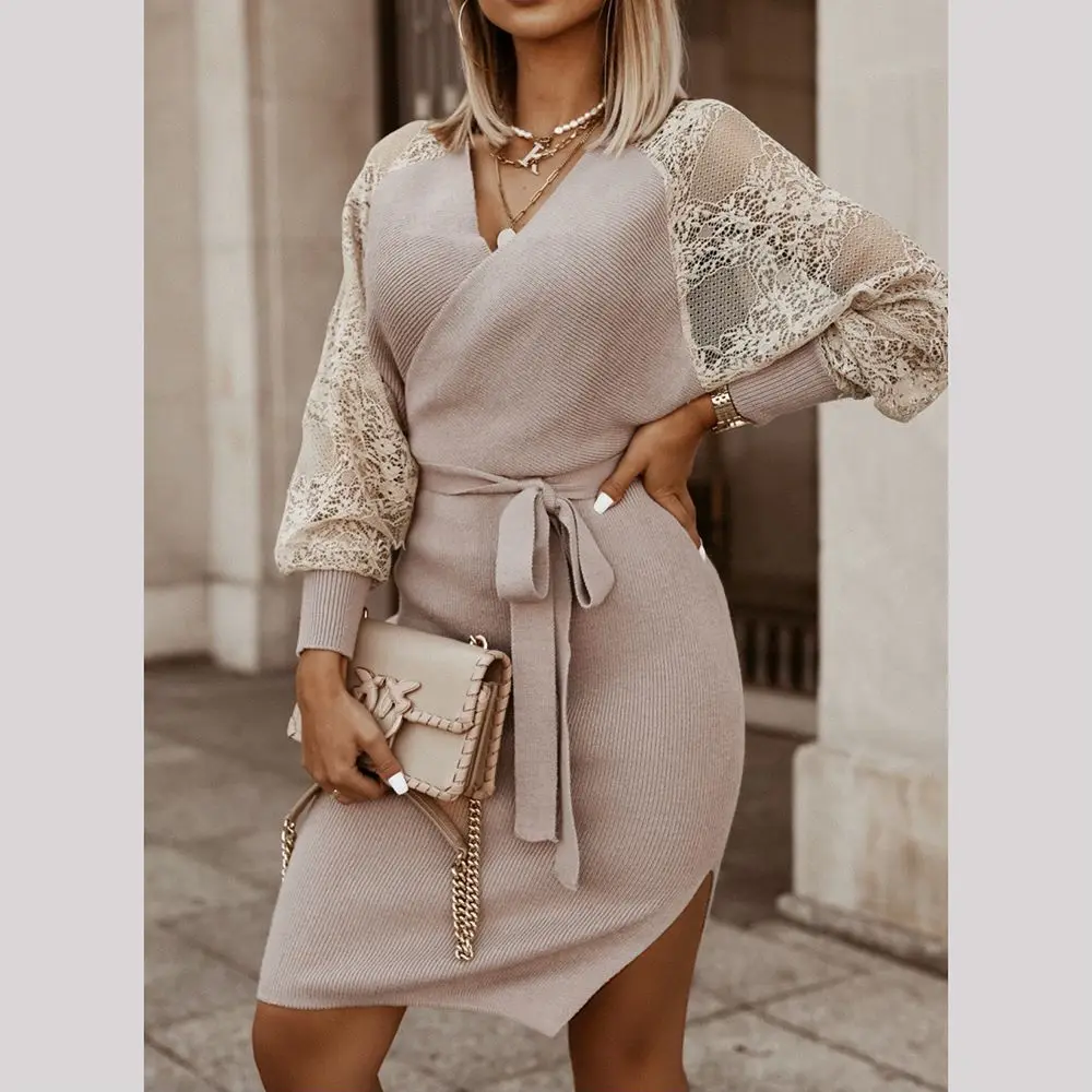 V Neck Lace Patchwork Bodycon Black Dress Women Elegant Cotton Fashion Side Split Autumn Dress Mini Ladies Basic