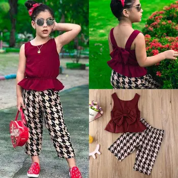 

Summer Toddler Baby Girls Clothes Bowknot Tops Plaid Pants Trousers Outfits