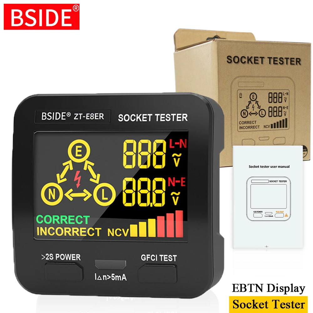 Digital Socket Tester BSIDE ZT-E8 Smart LCD Socket checker Voltage NCV Test Detector EU US UK Plug Ground Zero Line RCD Check