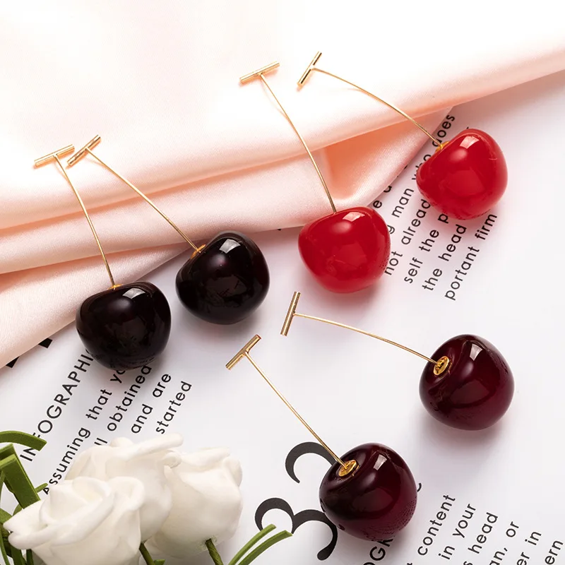 1Pair Cute Simulation Red Cherry Sweet Resin Drop Earring Hot Red Color High Quality For Women Girl Student Fruit Xmas Gift