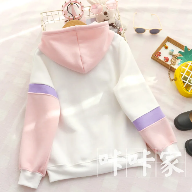Элегантный Дизайн Kawaii красная шляпа с принтом кролика толстовки женские Осень Зима Mori Girl толстые теплые с капюшоном Лоскутные Топы толстовка