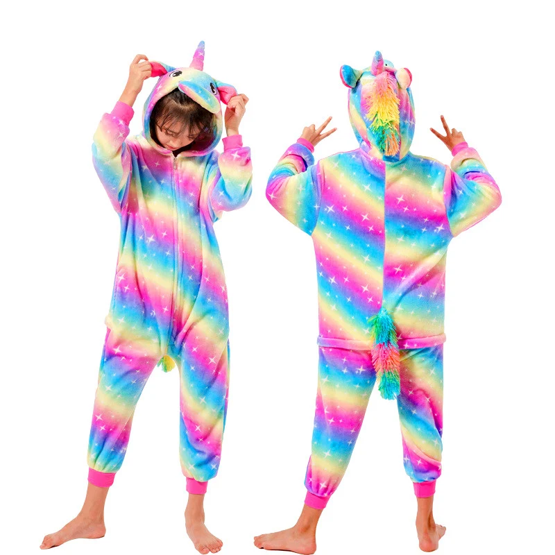Детские пижамы кигуруми для мальчиков и девочек с милым мультяшным единорогом, комбинезон, комплекты одежды для сна, зимние детские пижамы с рисунками животных из аниме