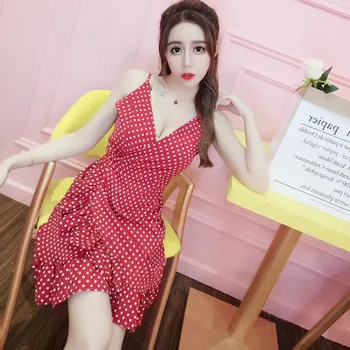 

Summer Spaghetti Strap Irregular Ruffles Hem Sexy V Neck Mini Dress Women Dot Pattern Print Beach Dresses Sexy Vestidos