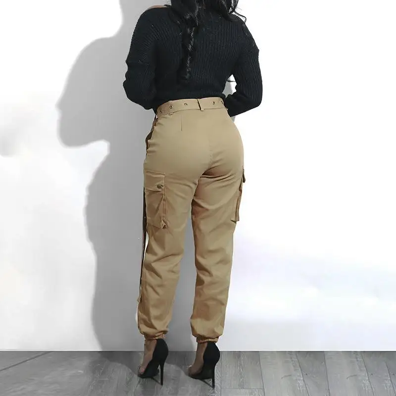 Женские однотонные узкие брюки на молнии, модные брюки с карманами и поясом с высокой талией, женские повседневные брюки