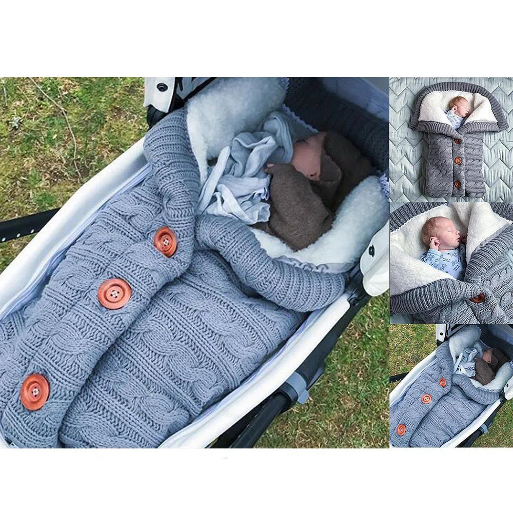 

Four Seasons Baby Button Knitted Blankets Newborn Swaddle Baby Wrap Warm Baby Blanket Plus Velvet Thick Stroller Sleeping Bag