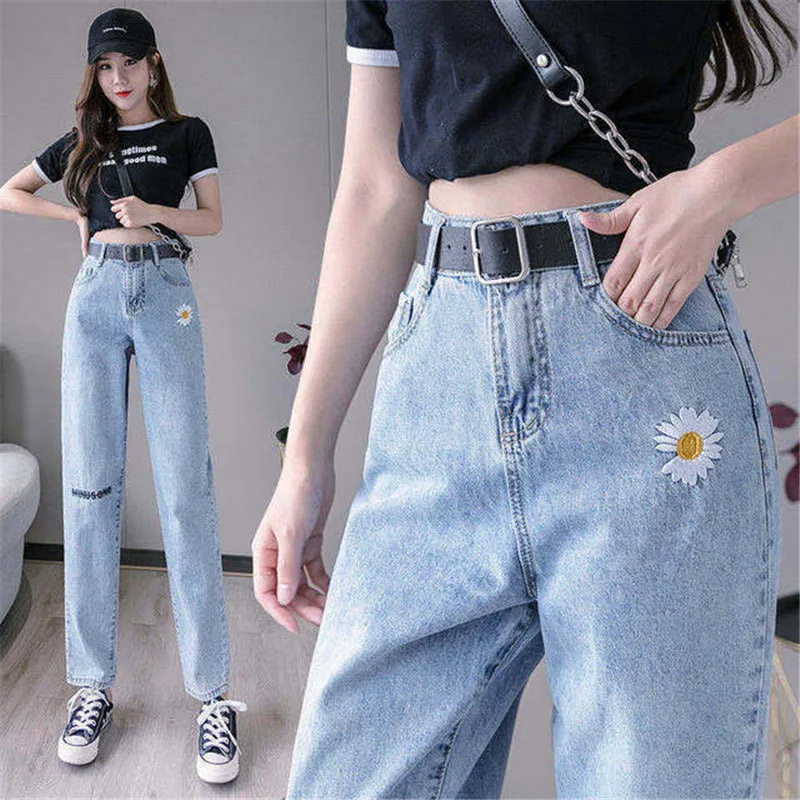 Vaqueros de cintura alta con margaritas bordadas para Mujer, Vaqueros Mom para novio, de tela vaquera Pantalone, Vaqueros bombachos para Mujer 2021